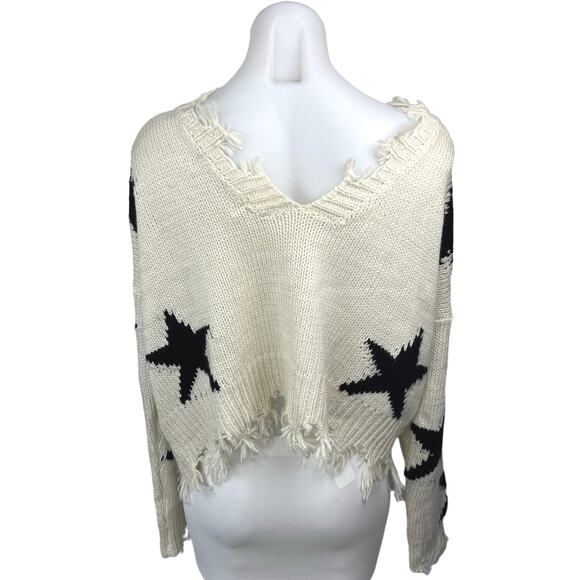 Katwalk Cream White Star Print Distressed Knit Oversize Pullover Sweater Top S/M - Picture 2 of 5